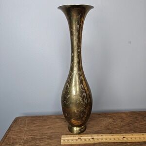 Vintage Etched Brass Bud Vase 11.5 Inch Tall Made in India Gold Floral Engraved